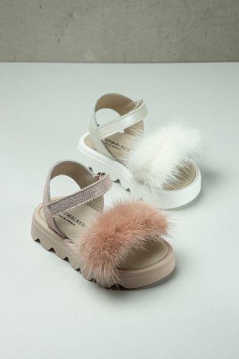 MINK FUR EMBELLISHED LEATHER SANDALS